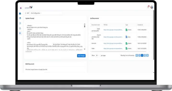 The chatbot's internal document admin panel