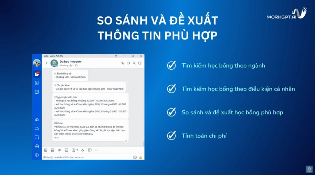 WorkGPT Zalobot so sánh và đề xuất thông tin phù hợp