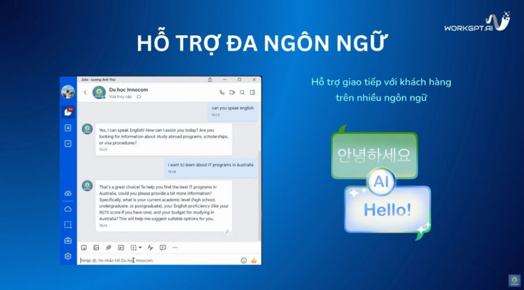 WorkGPT Zalobot AI hỗ trợ đa ngôn ngữ