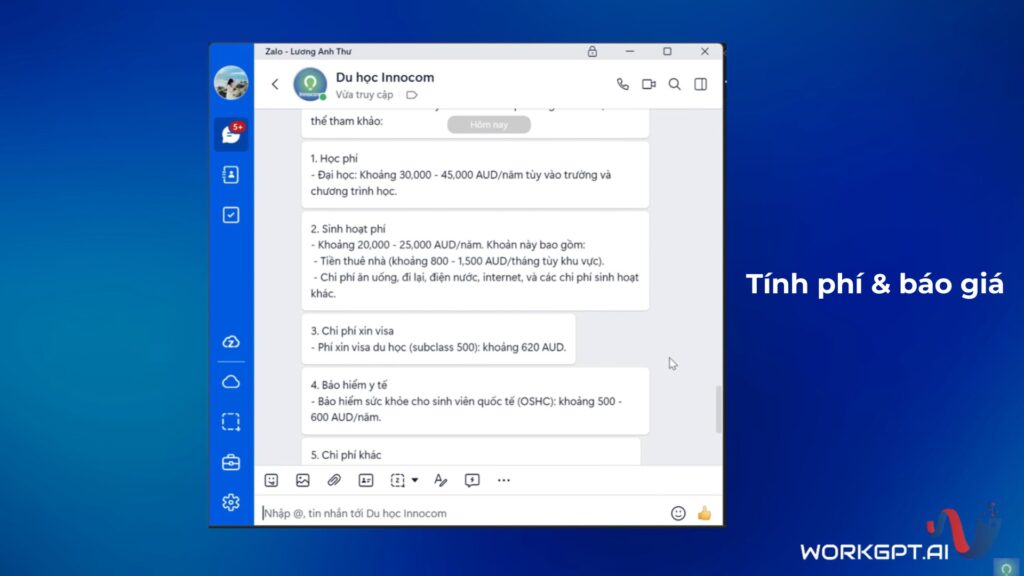 WorkGPT Zalobot tự động tính phí và báo giá